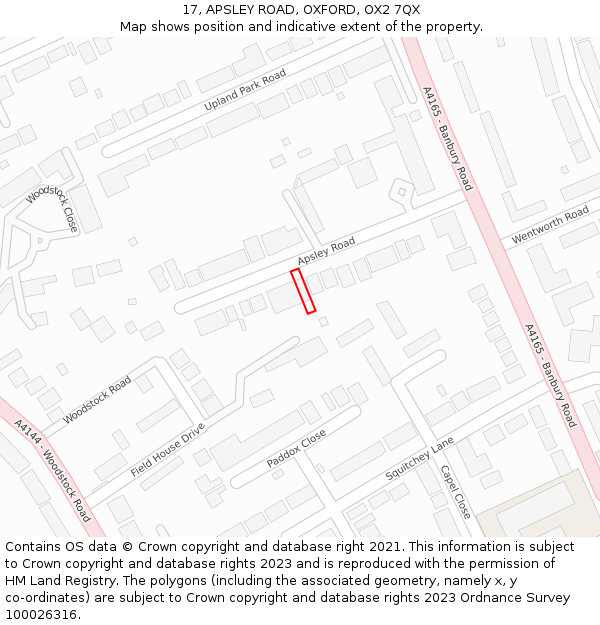 17, APSLEY ROAD, OXFORD, OX2 7QX: Location map and indicative extent of plot