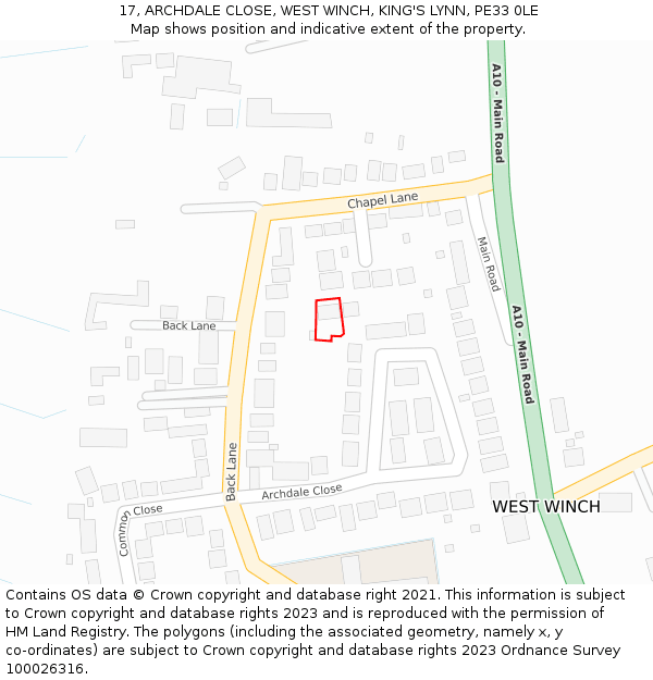 17, ARCHDALE CLOSE, WEST WINCH, KING'S LYNN, PE33 0LE: Location map and indicative extent of plot