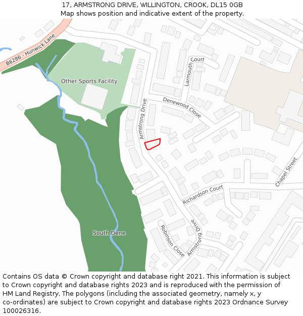 17, ARMSTRONG DRIVE, WILLINGTON, CROOK, DL15 0GB: Location map and indicative extent of plot