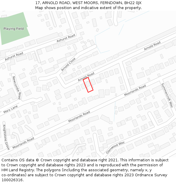 17, ARNOLD ROAD, WEST MOORS, FERNDOWN, BH22 0JX: Location map and indicative extent of plot