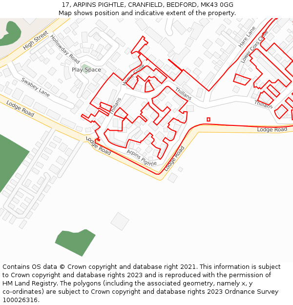 17, ARPINS PIGHTLE, CRANFIELD, BEDFORD, MK43 0GG: Location map and indicative extent of plot