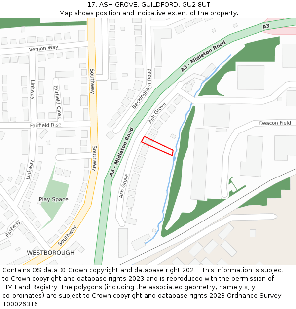 17, ASH GROVE, GUILDFORD, GU2 8UT: Location map and indicative extent of plot