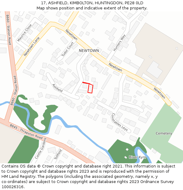 17, ASHFIELD, KIMBOLTON, HUNTINGDON, PE28 0LD: Location map and indicative extent of plot