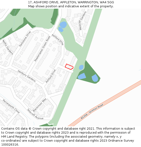 17, ASHFORD DRIVE, APPLETON, WARRINGTON, WA4 5GG: Location map and indicative extent of plot