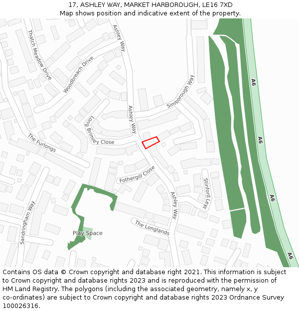 17, ASHLEY WAY, MARKET HARBOROUGH, LE16 7XD: Location map and indicative extent of plot