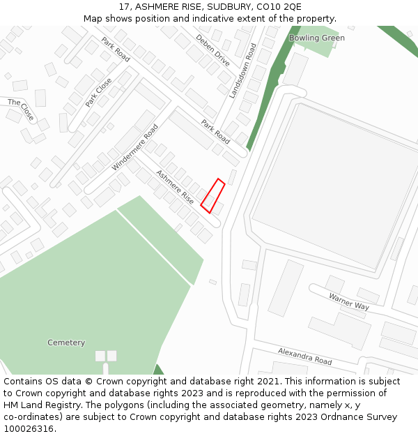 17, ASHMERE RISE, SUDBURY, CO10 2QE: Location map and indicative extent of plot