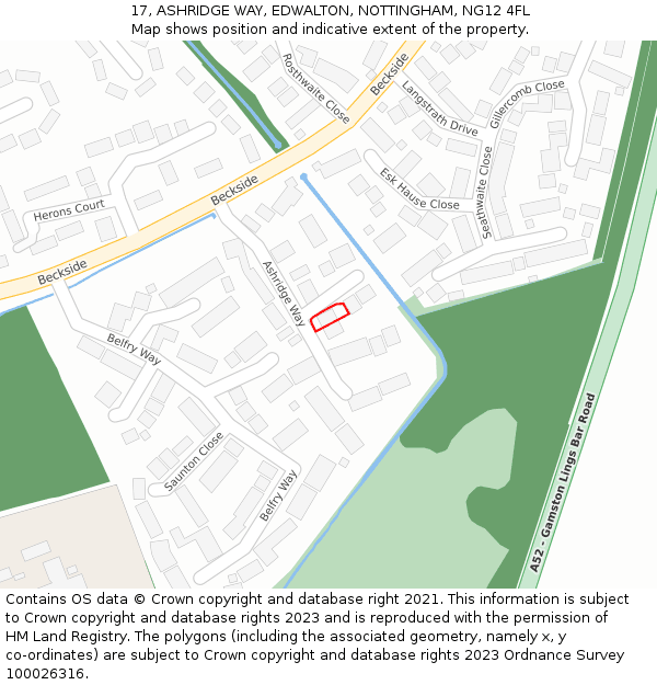 17, ASHRIDGE WAY, EDWALTON, NOTTINGHAM, NG12 4FL: Location map and indicative extent of plot