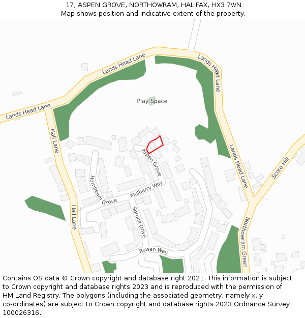17, ASPEN GROVE, NORTHOWRAM, HALIFAX, HX3 7WN: Location map and indicative extent of plot