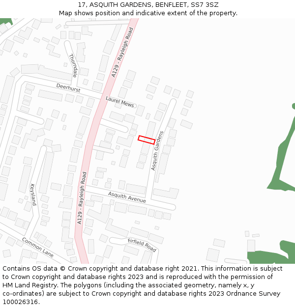 17, ASQUITH GARDENS, BENFLEET, SS7 3SZ: Location map and indicative extent of plot