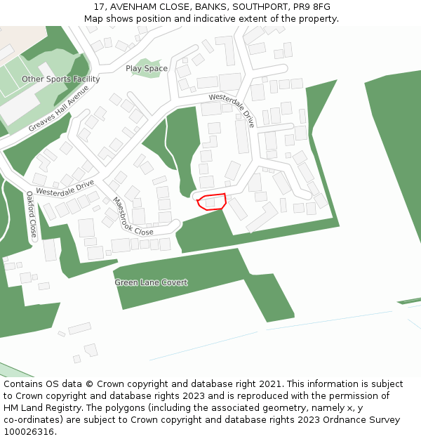 17, AVENHAM CLOSE, BANKS, SOUTHPORT, PR9 8FG: Location map and indicative extent of plot