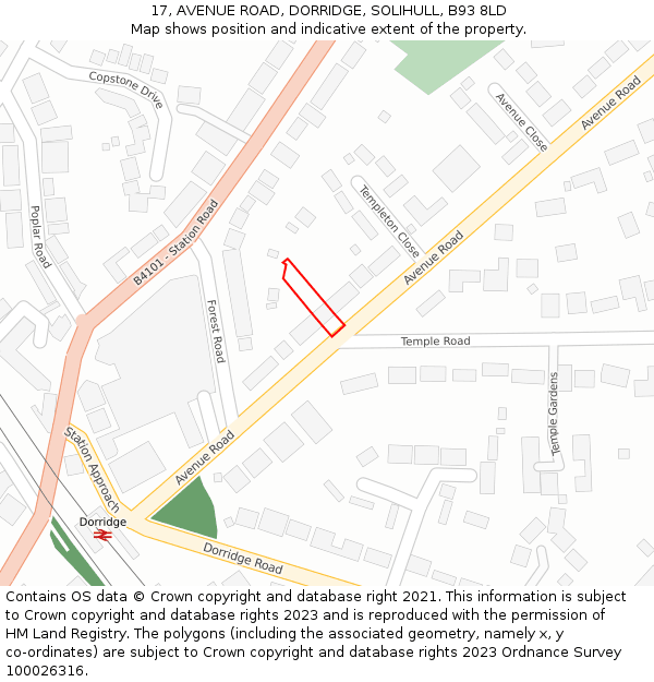 17, AVENUE ROAD, DORRIDGE, SOLIHULL, B93 8LD: Location map and indicative extent of plot