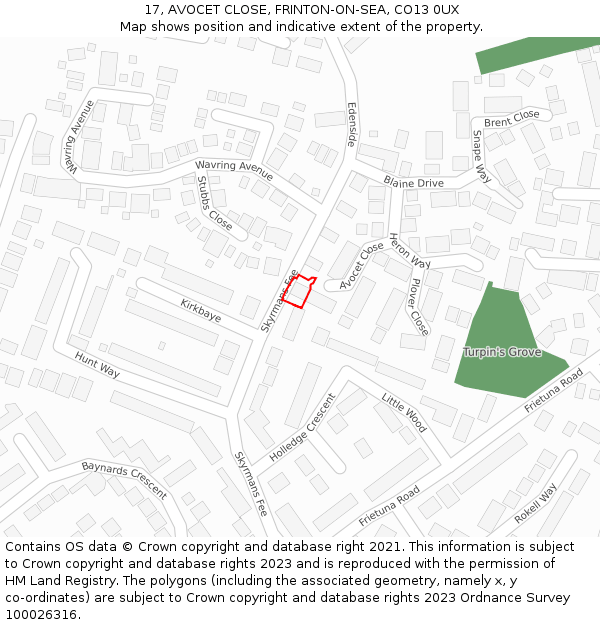 17, AVOCET CLOSE, FRINTON-ON-SEA, CO13 0UX: Location map and indicative extent of plot