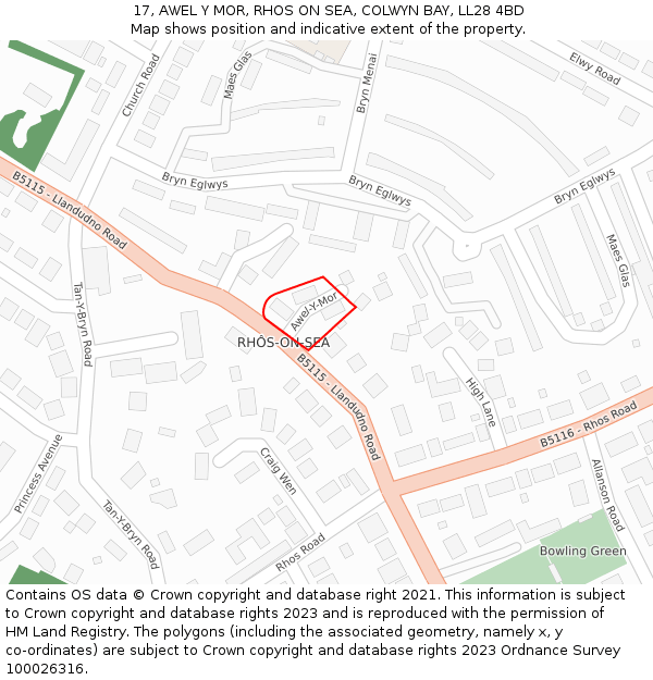 17, AWEL Y MOR, RHOS ON SEA, COLWYN BAY, LL28 4BD: Location map and indicative extent of plot