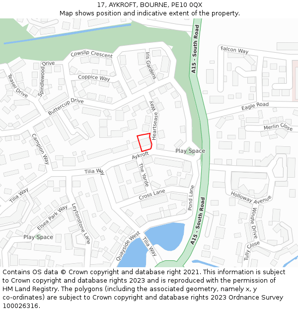 17, AYKROFT, BOURNE, PE10 0QX: Location map and indicative extent of plot