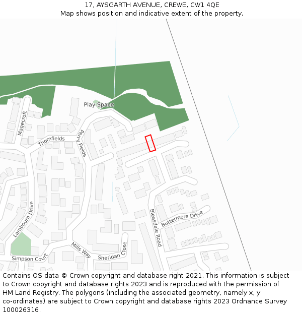 17, AYSGARTH AVENUE, CREWE, CW1 4QE: Location map and indicative extent of plot