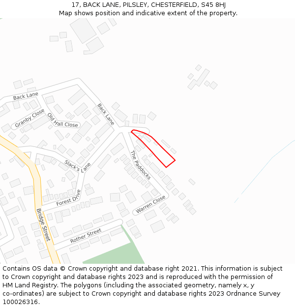 17, BACK LANE, PILSLEY, CHESTERFIELD, S45 8HJ: Location map and indicative extent of plot