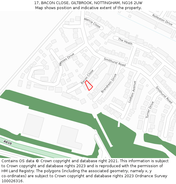 17, BACON CLOSE, GILTBROOK, NOTTINGHAM, NG16 2UW: Location map and indicative extent of plot