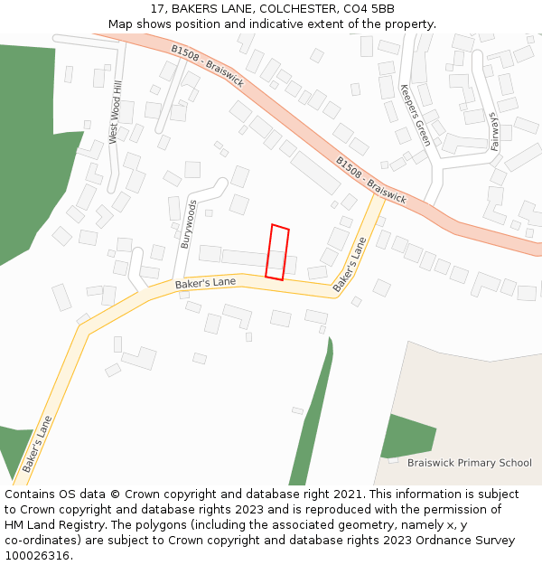 17, BAKERS LANE, COLCHESTER, CO4 5BB: Location map and indicative extent of plot