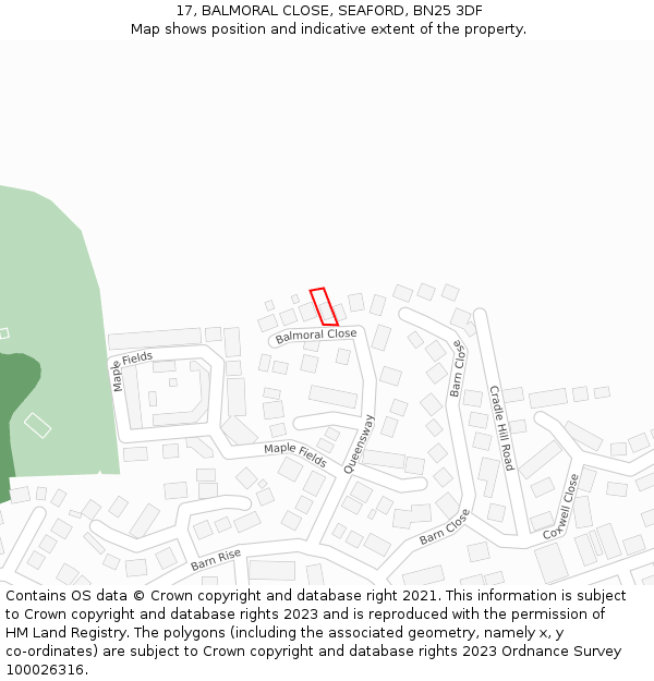 17, BALMORAL CLOSE, SEAFORD, BN25 3DF: Location map and indicative extent of plot