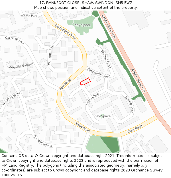 17, BANKFOOT CLOSE, SHAW, SWINDON, SN5 5WZ: Location map and indicative extent of plot