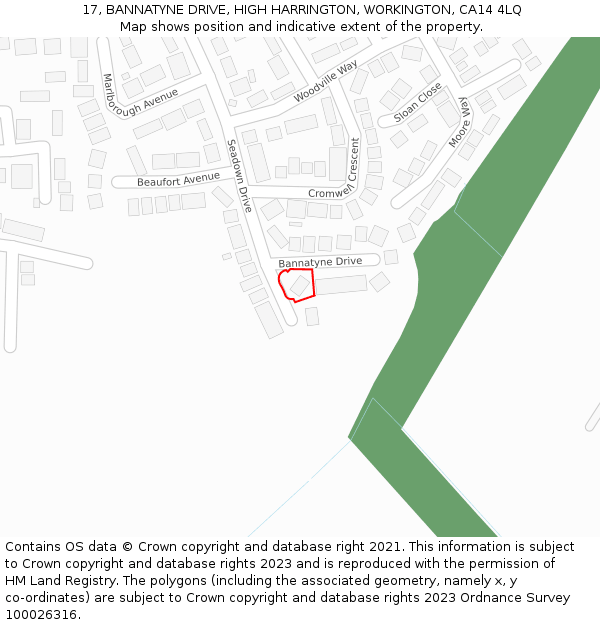 17, BANNATYNE DRIVE, HIGH HARRINGTON, WORKINGTON, CA14 4LQ: Location map and indicative extent of plot