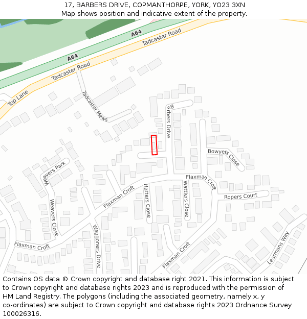 17, BARBERS DRIVE, COPMANTHORPE, YORK, YO23 3XN: Location map and indicative extent of plot