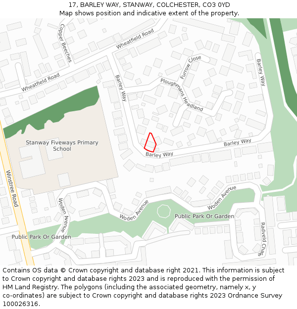 17, BARLEY WAY, STANWAY, COLCHESTER, CO3 0YD: Location map and indicative extent of plot