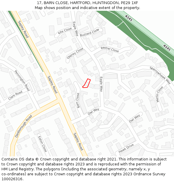 17, BARN CLOSE, HARTFORD, HUNTINGDON, PE29 1XF: Location map and indicative extent of plot