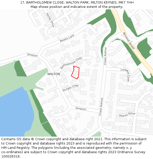 17, BARTHOLOMEW CLOSE, WALTON PARK, MILTON KEYNES, MK7 7HH: Location map and indicative extent of plot