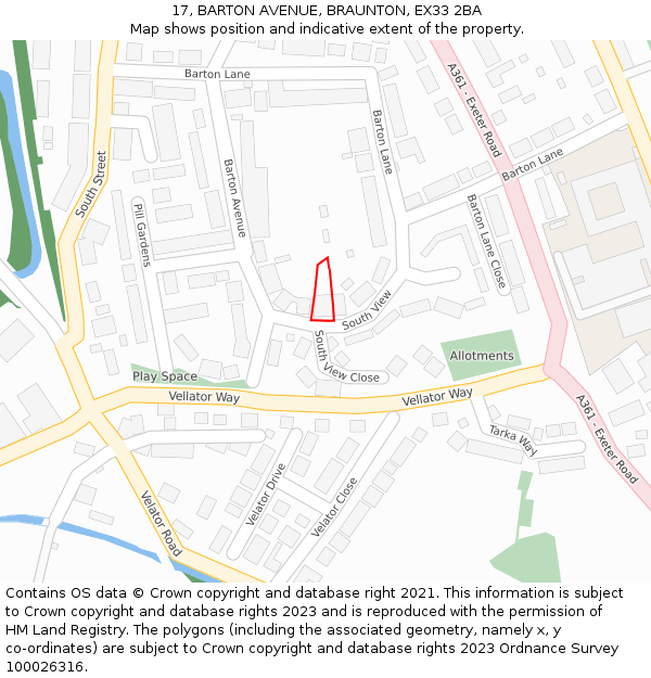 17, BARTON AVENUE, BRAUNTON, EX33 2BA: Location map and indicative extent of plot