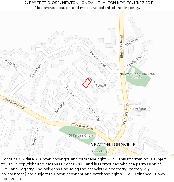 17, BAY TREE CLOSE, NEWTON LONGVILLE, MILTON KEYNES, MK17 0DT: Location map and indicative extent of plot