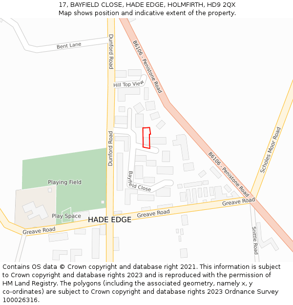 17, BAYFIELD CLOSE, HADE EDGE, HOLMFIRTH, HD9 2QX: Location map and indicative extent of plot