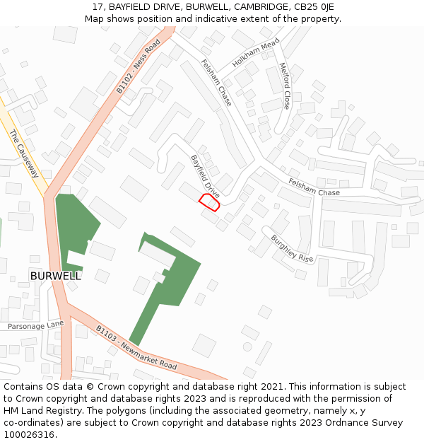 17, BAYFIELD DRIVE, BURWELL, CAMBRIDGE, CB25 0JE: Location map and indicative extent of plot