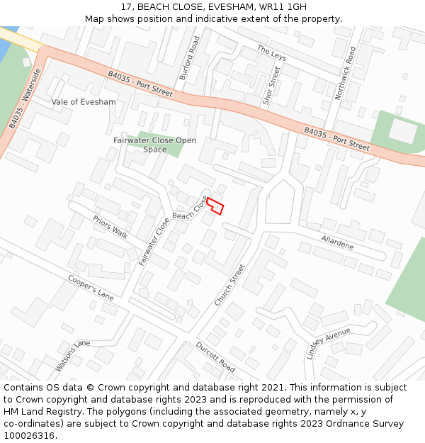 17, BEACH CLOSE, EVESHAM, WR11 1GH: Location map and indicative extent of plot