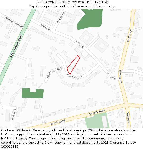 17, BEACON CLOSE, CROWBOROUGH, TN6 1DX: Location map and indicative extent of plot