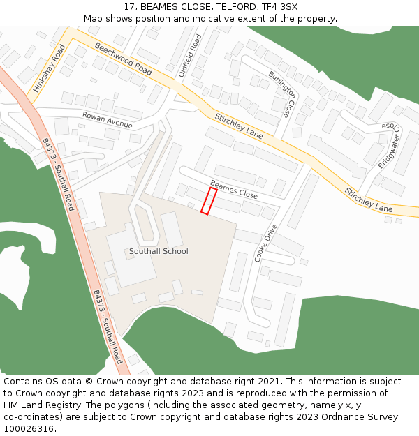 17, BEAMES CLOSE, TELFORD, TF4 3SX: Location map and indicative extent of plot