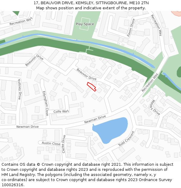 17, BEAUVOIR DRIVE, KEMSLEY, SITTINGBOURNE, ME10 2TN: Location map and indicative extent of plot