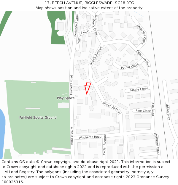 17, BEECH AVENUE, BIGGLESWADE, SG18 0EG: Location map and indicative extent of plot