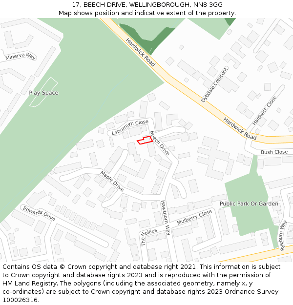 17, BEECH DRIVE, WELLINGBOROUGH, NN8 3GG: Location map and indicative extent of plot