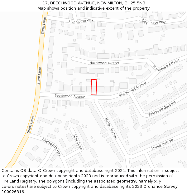 17, BEECHWOOD AVENUE, NEW MILTON, BH25 5NB: Location map and indicative extent of plot