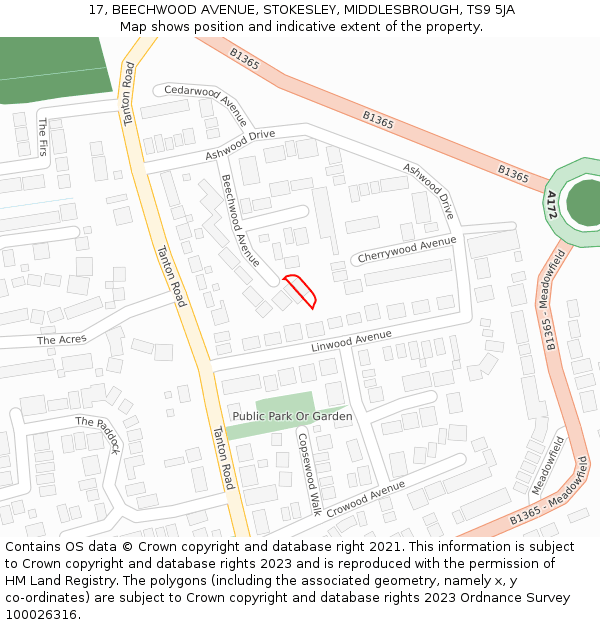 17, BEECHWOOD AVENUE, STOKESLEY, MIDDLESBROUGH, TS9 5JA: Location map and indicative extent of plot