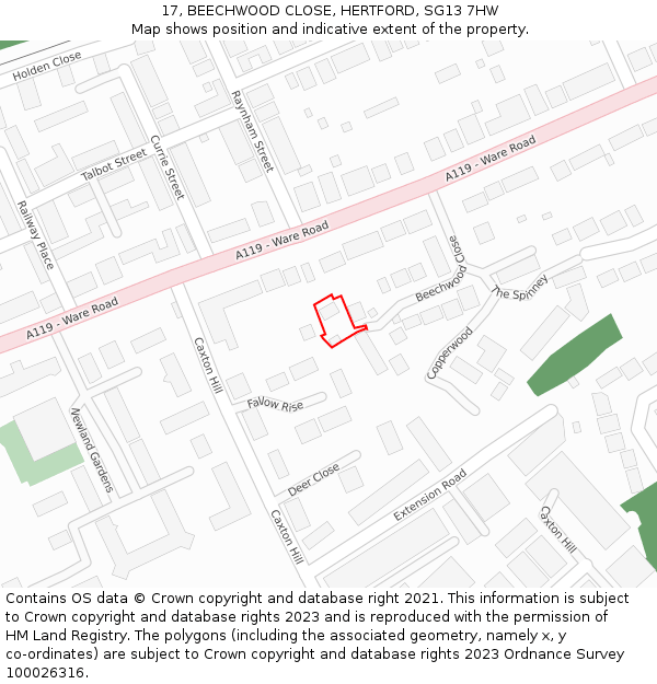 17, BEECHWOOD CLOSE, HERTFORD, SG13 7HW: Location map and indicative extent of plot