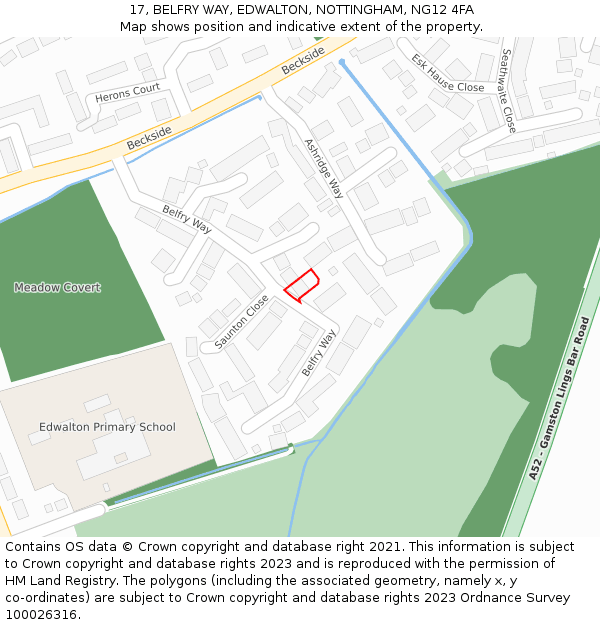 17, BELFRY WAY, EDWALTON, NOTTINGHAM, NG12 4FA: Location map and indicative extent of plot