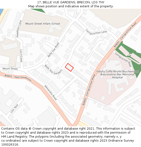 17, BELLE VUE GARDENS, BRECON, LD3 7NY: Location map and indicative extent of plot