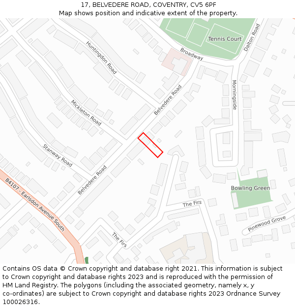 17, BELVEDERE ROAD, COVENTRY, CV5 6PF: Location map and indicative extent of plot