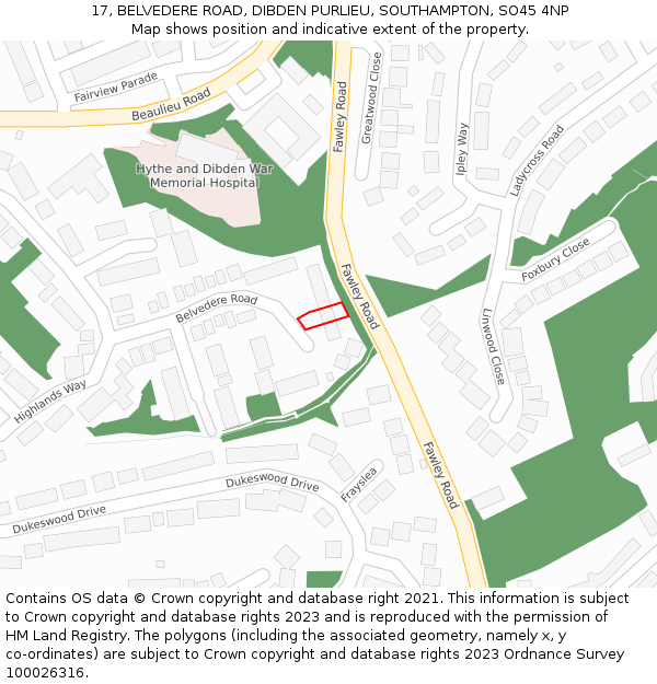 17, BELVEDERE ROAD, DIBDEN PURLIEU, SOUTHAMPTON, SO45 4NP: Location map and indicative extent of plot