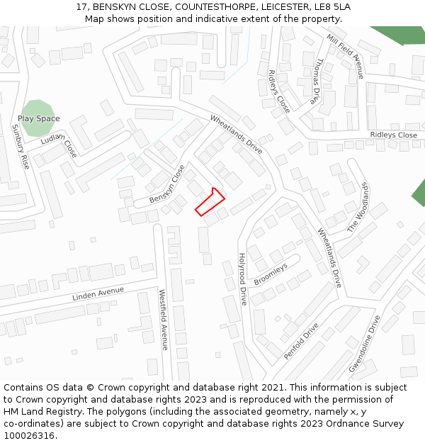 17, BENSKYN CLOSE, COUNTESTHORPE, LEICESTER, LE8 5LA: Location map and indicative extent of plot