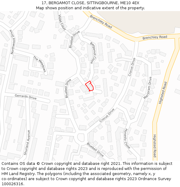 17, BERGAMOT CLOSE, SITTINGBOURNE, ME10 4EX: Location map and indicative extent of plot