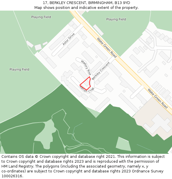 17, BERKLEY CRESCENT, BIRMINGHAM, B13 9YD: Location map and indicative extent of plot