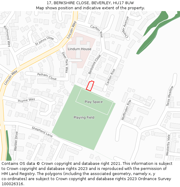 17, BERKSHIRE CLOSE, BEVERLEY, HU17 8UW: Location map and indicative extent of plot